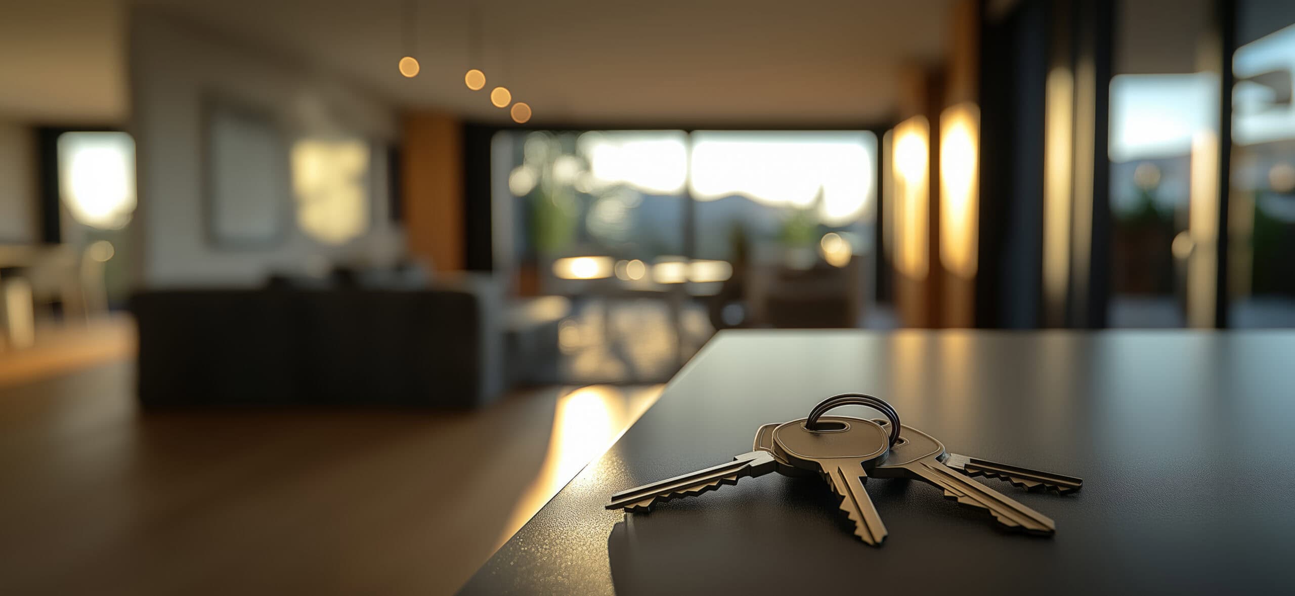 Schlüssel auf einem Tisch vor einer modernen, hellen Wohnung im Hintergrund.
