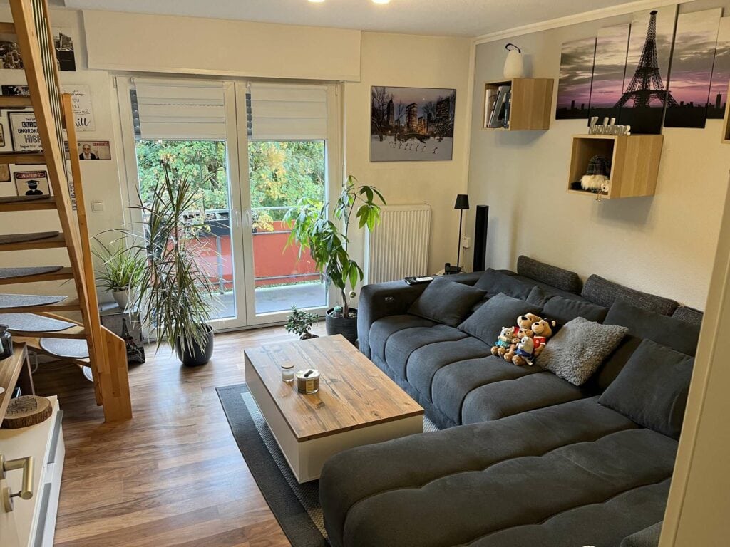 Modernes Wohnzimmer mit Balkon, großer Couch, Pflanzen und Stadtblick in Landau.
