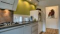 Moderne Küche mit weißen Schränken und grüner Wand.